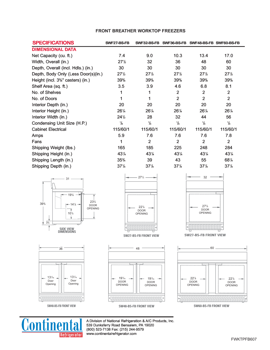 Continental Refrigerator SWF27-BS-FB, SWF36-BS-FB manual Front Breather Worktop Freezers, Specifications, Dimensional Data 