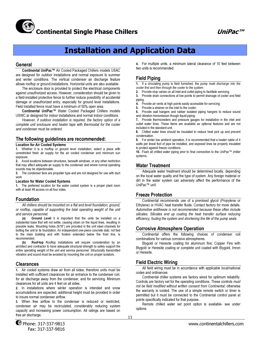 Continental CAD-20, USAC-8, CDX-20, USC-20, USWC-30, USA-20, USAC-40 manual Installation and Application Data 