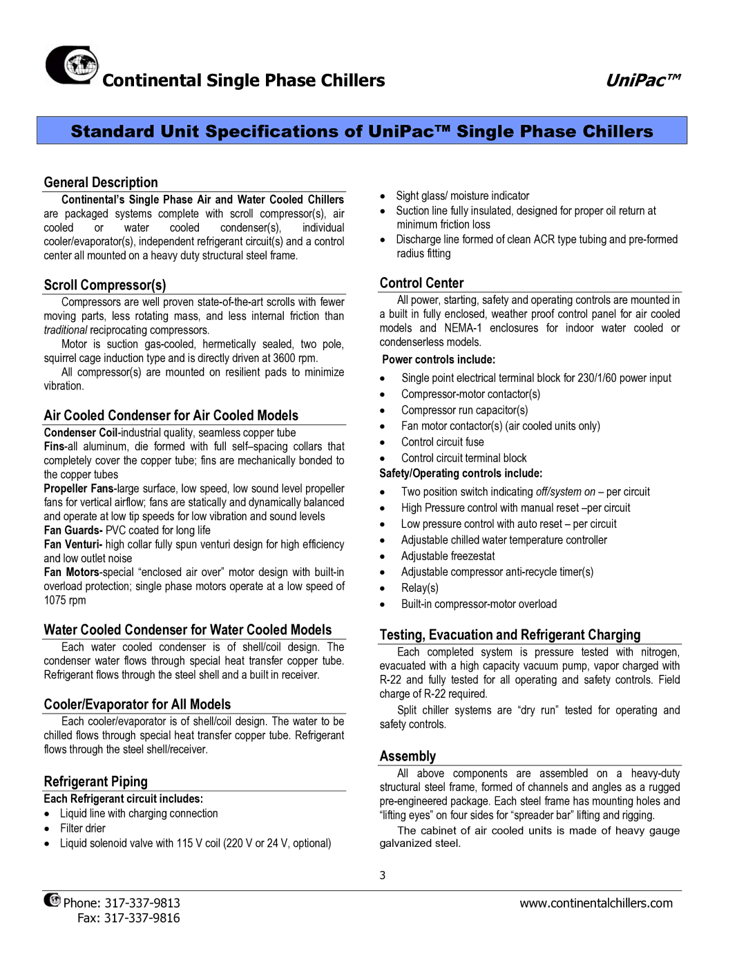 Continental USWC-30 General Description, Scroll Compressors, Air Cooled Condenser for Air Cooled Models, Control Center 