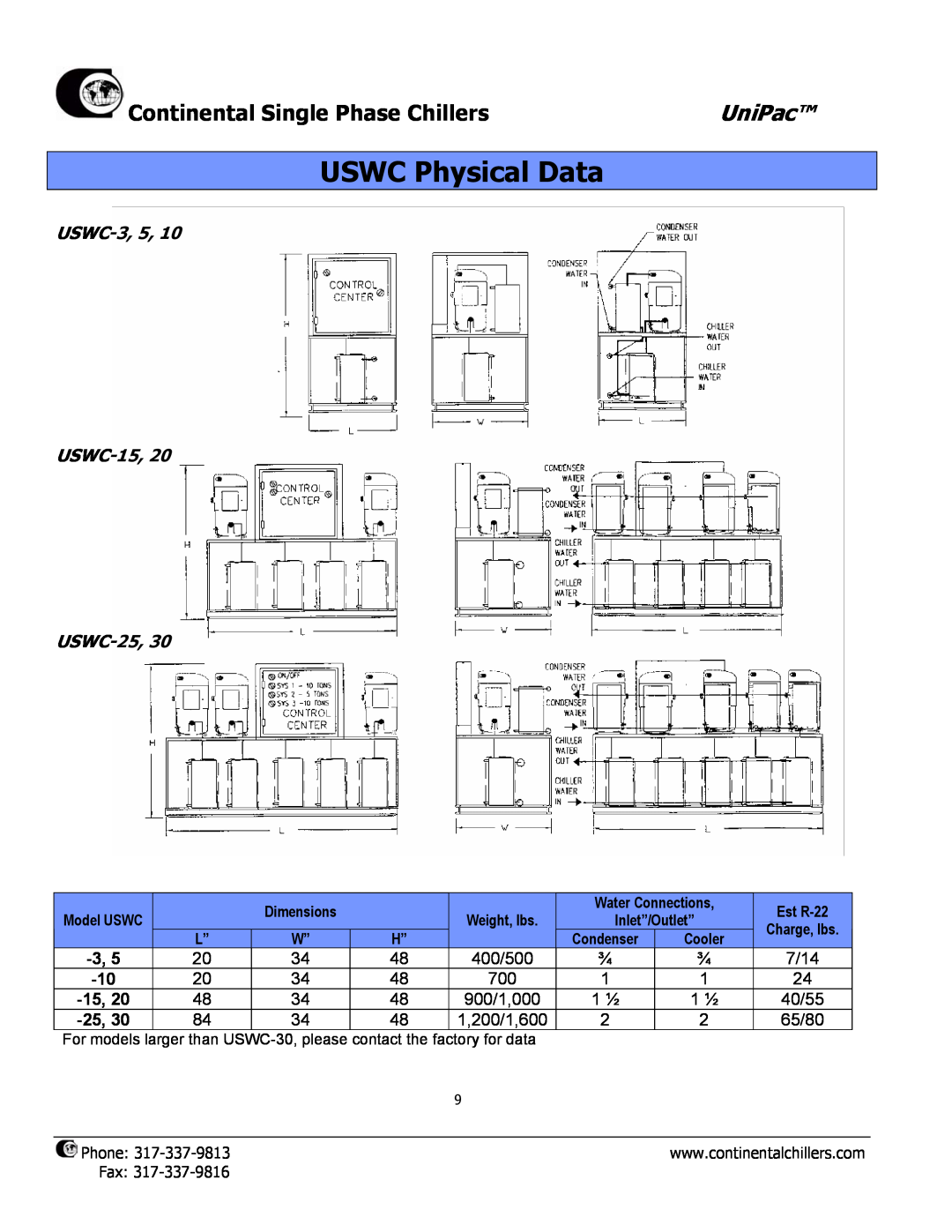 Continental USC-20, USAC-8 USWC Physical Data, Continental Single Phase Chillers, UniPac, USWC-3,5, USWC-15,20 USWC-25,30 