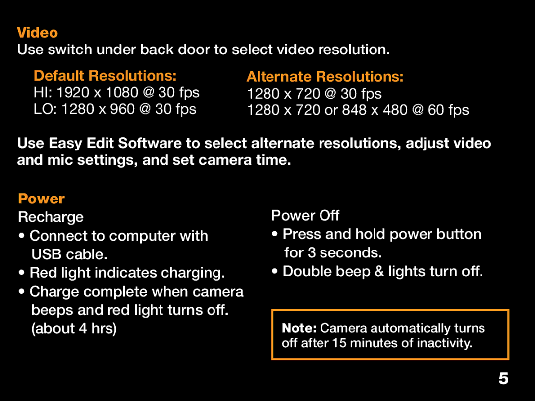 Contour ContourHD1080p, CHD1080p manual Video, Default Resolutions Alternate Resolutions, Power 