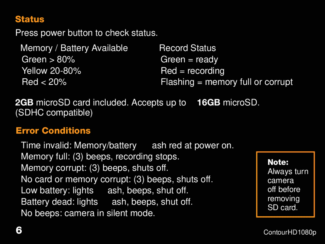 Contour CHD1080p, ContourHD1080p manual Status, Error Conditions 