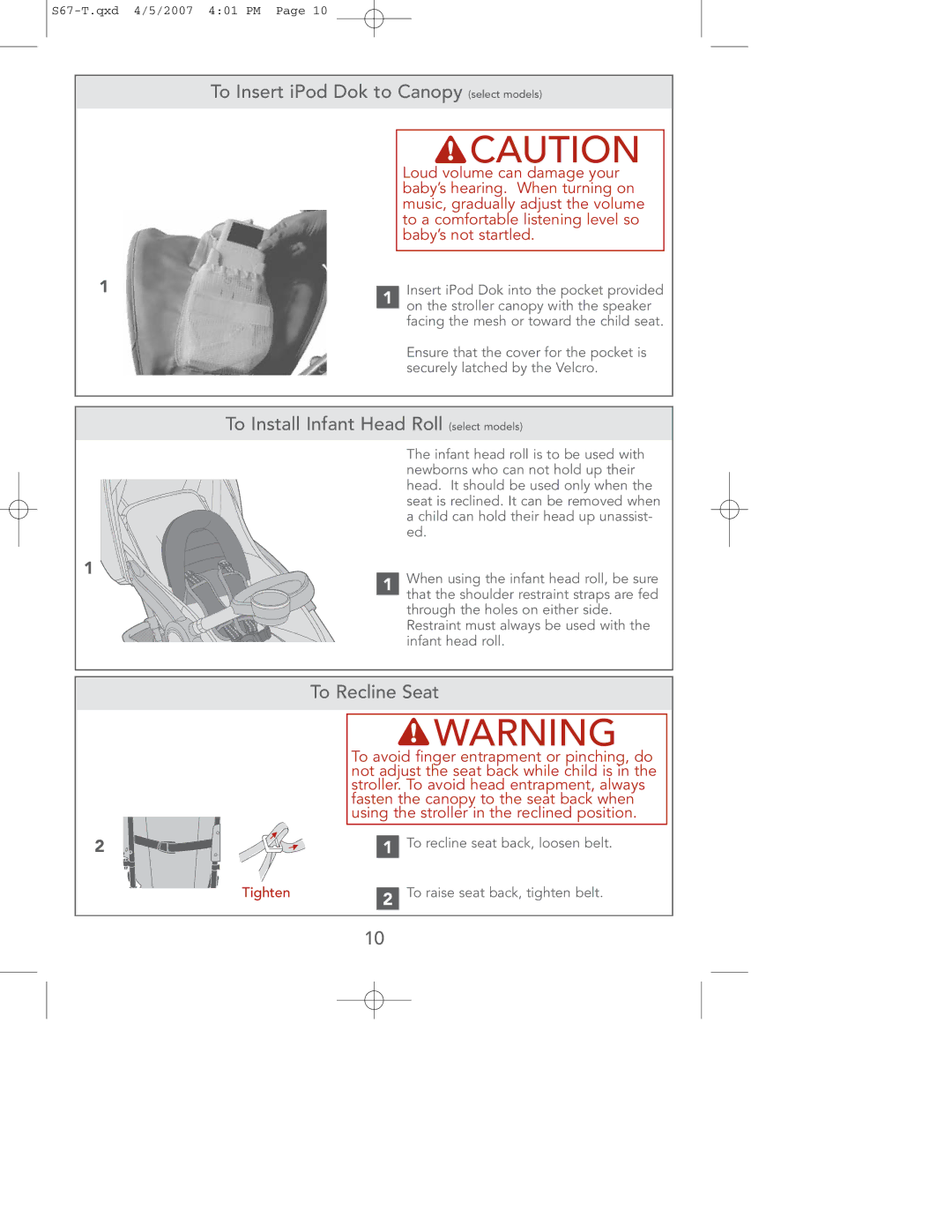 Contour Products S67-T 4/07 manual To Insert iPod Dok to Canopy select models, To Install Infant Head Roll select models 