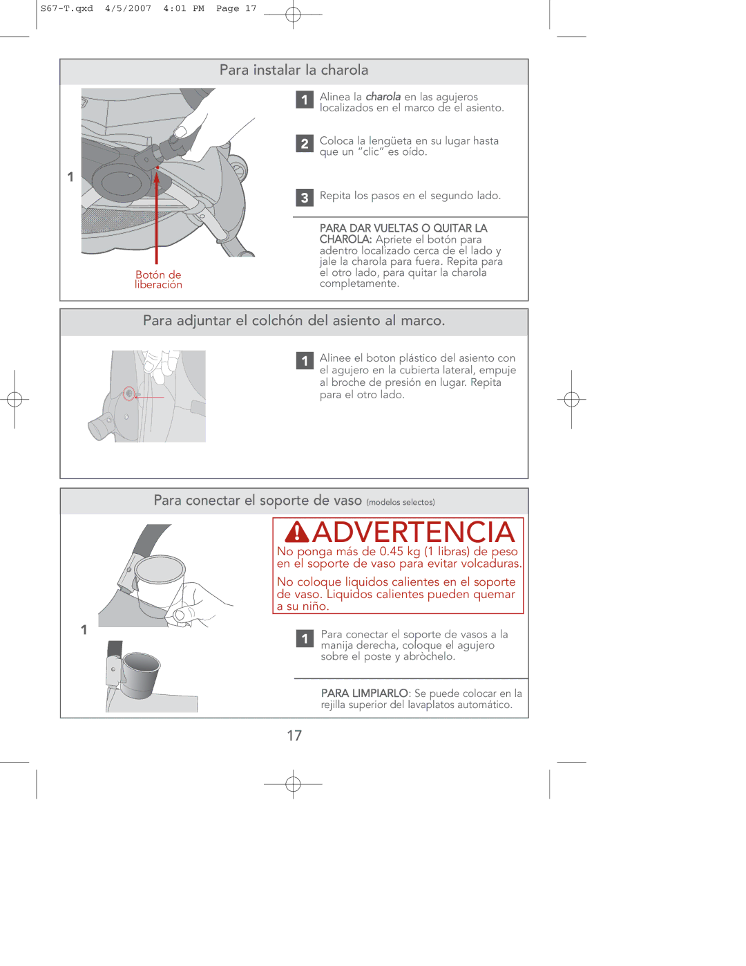 Contour Products S67-T 4/07 Para instalar la charola, Para adjuntar el colchón del asiento al marco, Botón de liberación 