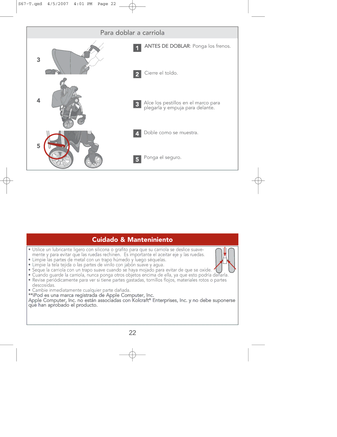 Contour Products S67-T 4/07 manual Para doblar a carriola, Cuidado & Manteniniento 