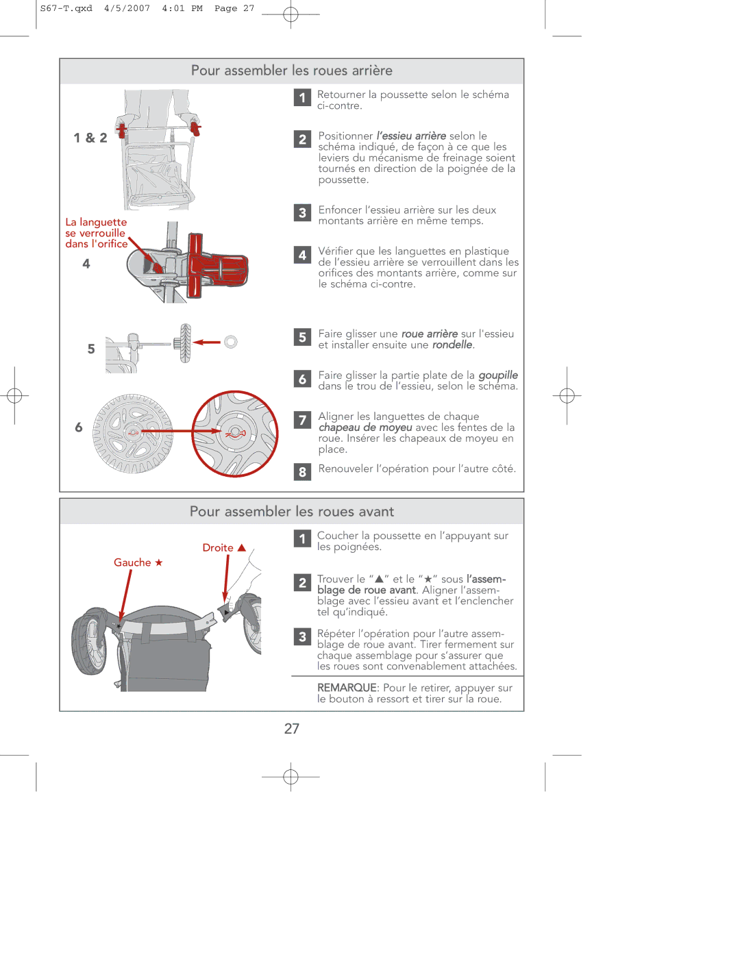 Contour Products S67-T 4/07 manual Pour assembler les roues arrière, Pour assembler les roues avant, Droite, Gauche 