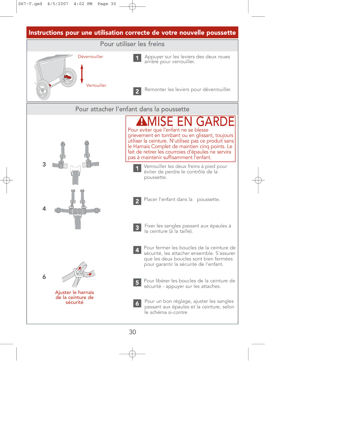 Contour Products S67-T 4/07 manual Pour utiliser les freins, Pour attacher l’enfant dans la poussette 