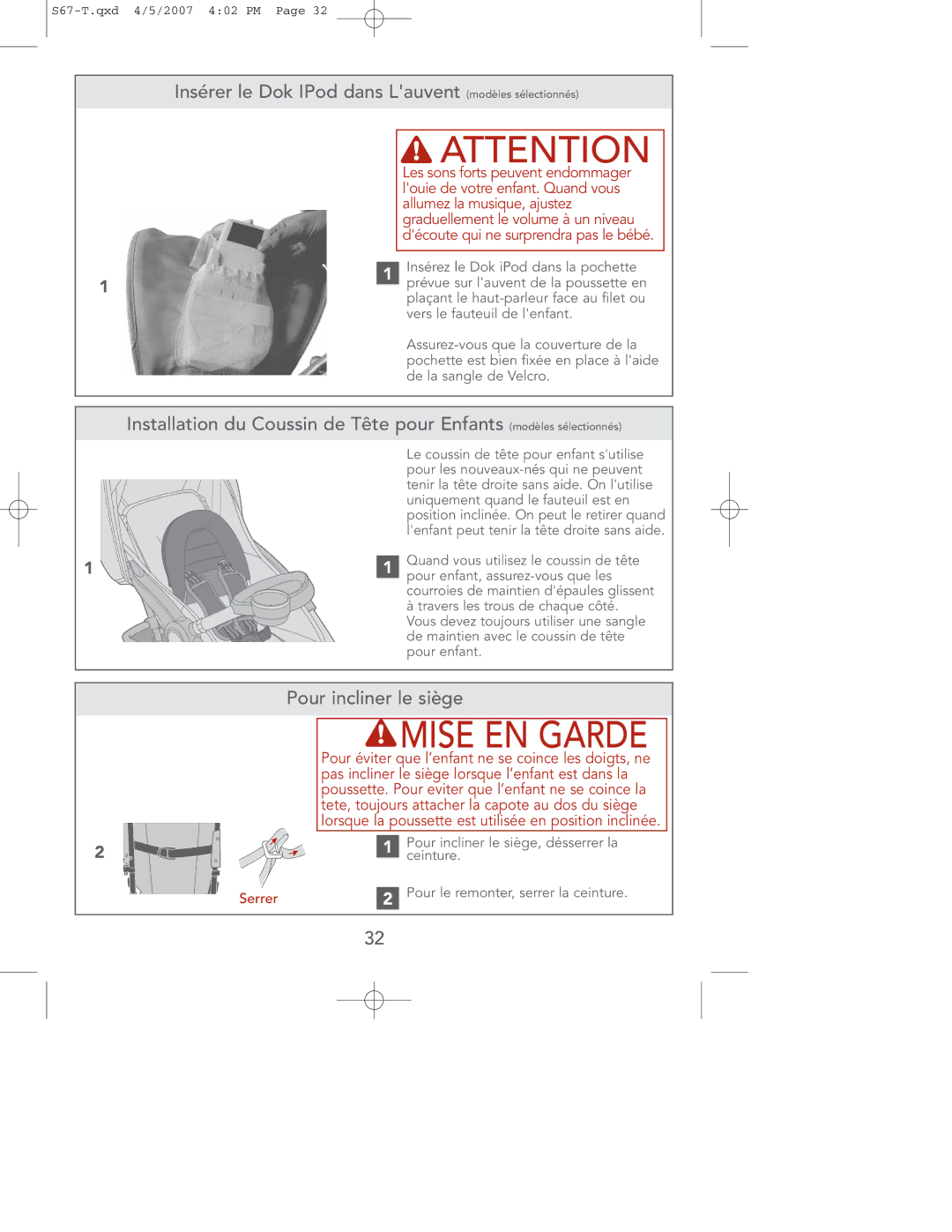 Contour Products S67-T 4/07 manual Insérer le Dok IPod dans Lauvent modèles sélectionnés, Pour incliner le siège, Serrer 