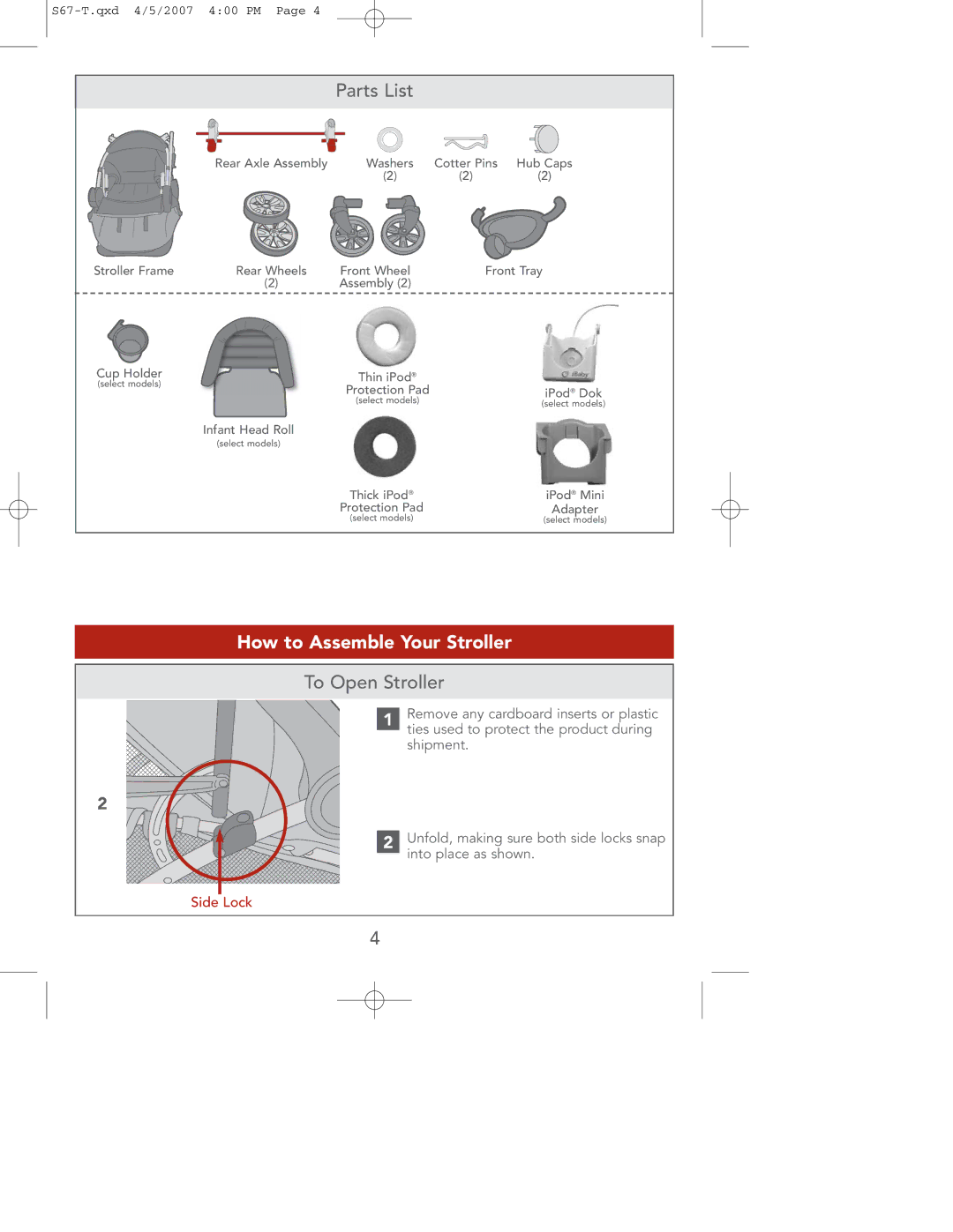 Contour Products S67-T 4/07 manual Parts List, How to Assemble Your Stroller, To Open Stroller, Side Lock 