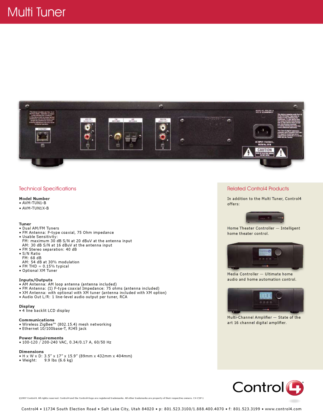 Control4 AVM-TUN1X-B, AVM-TUN1-B manual Technical Specifications, Related Control4 Products 