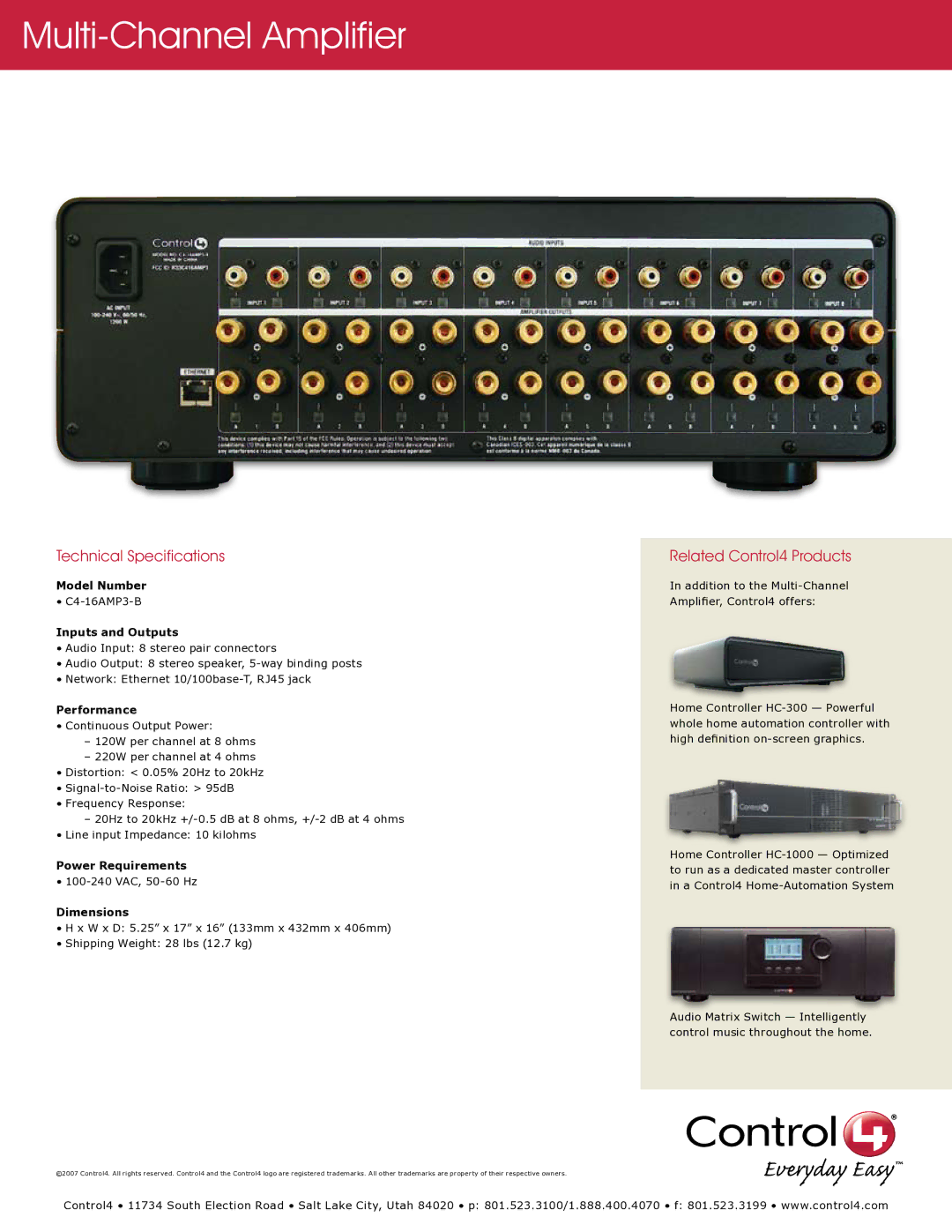 Control4 C4-16AMP3-B manual Technical Specifications, Related Control4 Products 