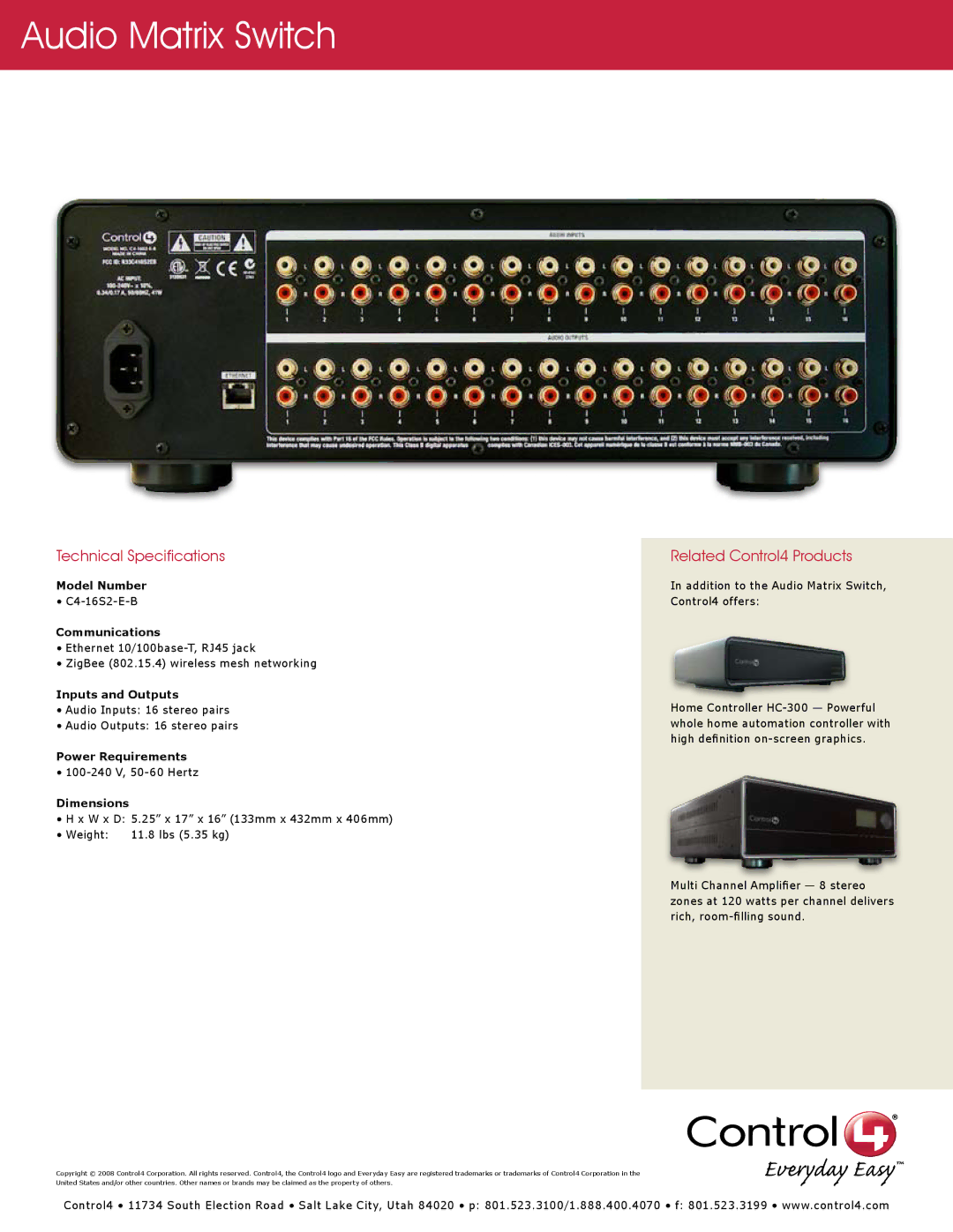 Control4 C4-16S2-E-B manual Audio Matrix Switch, Technical Specifications, Related Control4 Products 