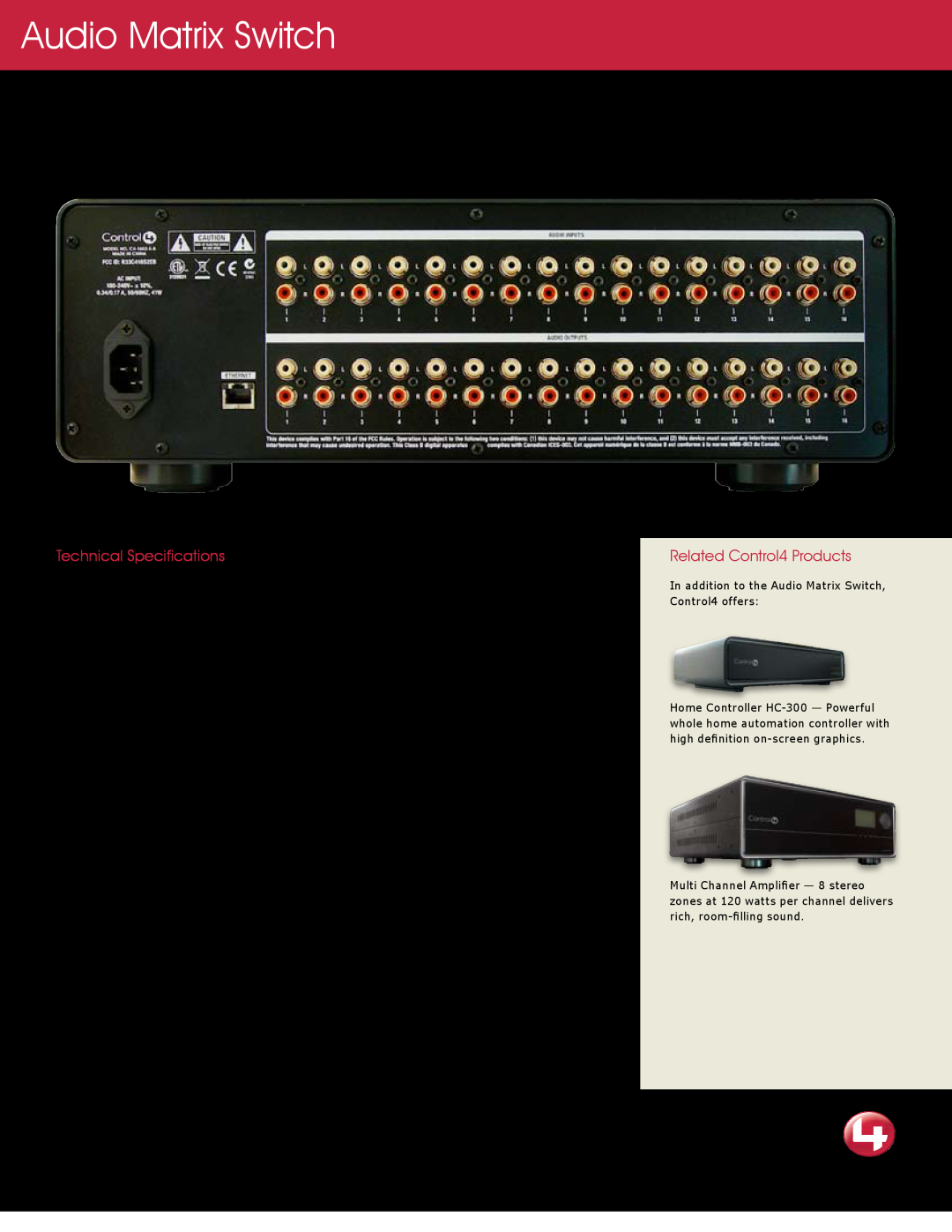 Control4 C4-16S2-E-B Audio Matrix Switch, Technical Specifications, Related Control4 Products, Model Number, Dimensions 