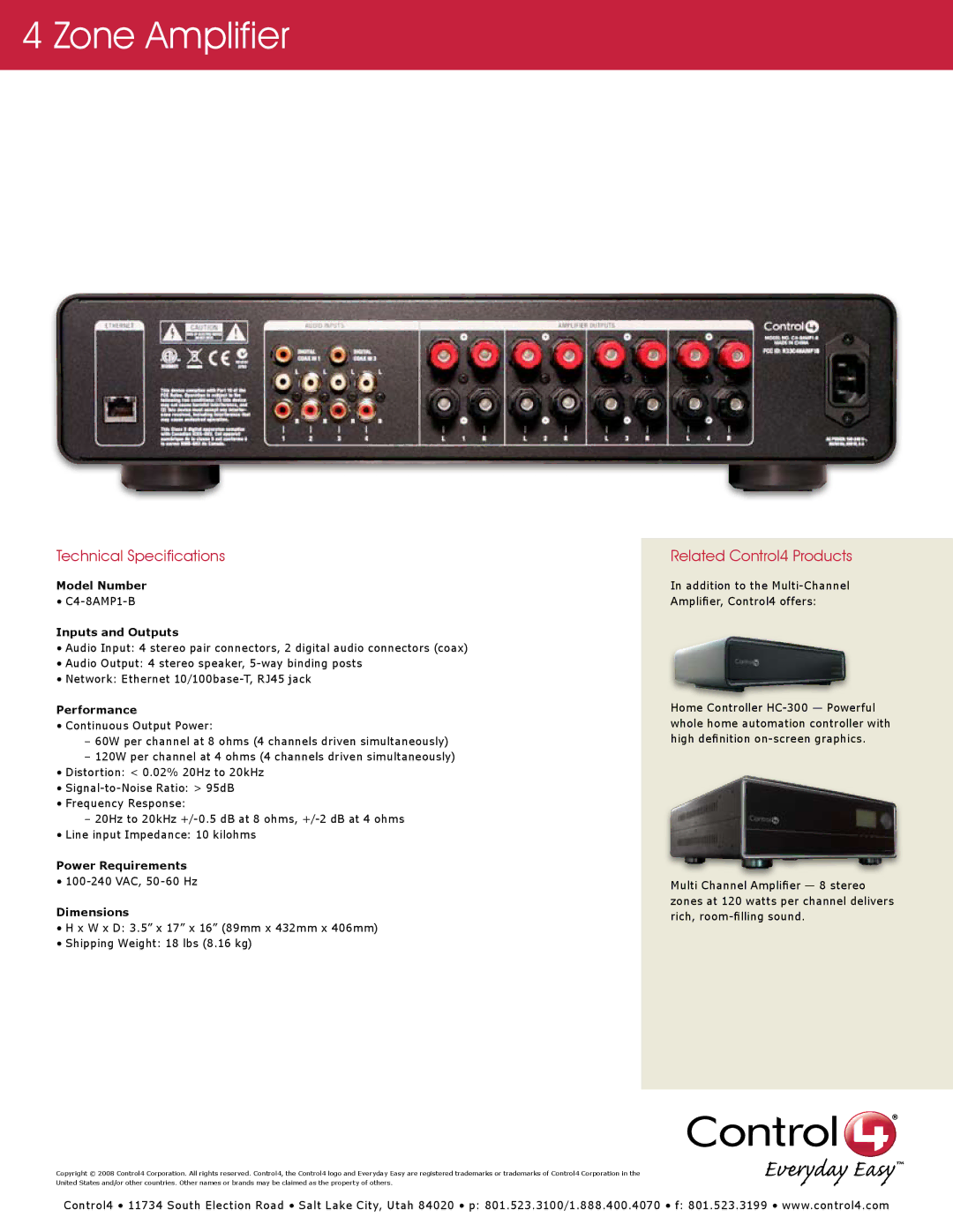 Control4 C4-8AMP1-B manual Technical Specifications, Related Control4 Products 