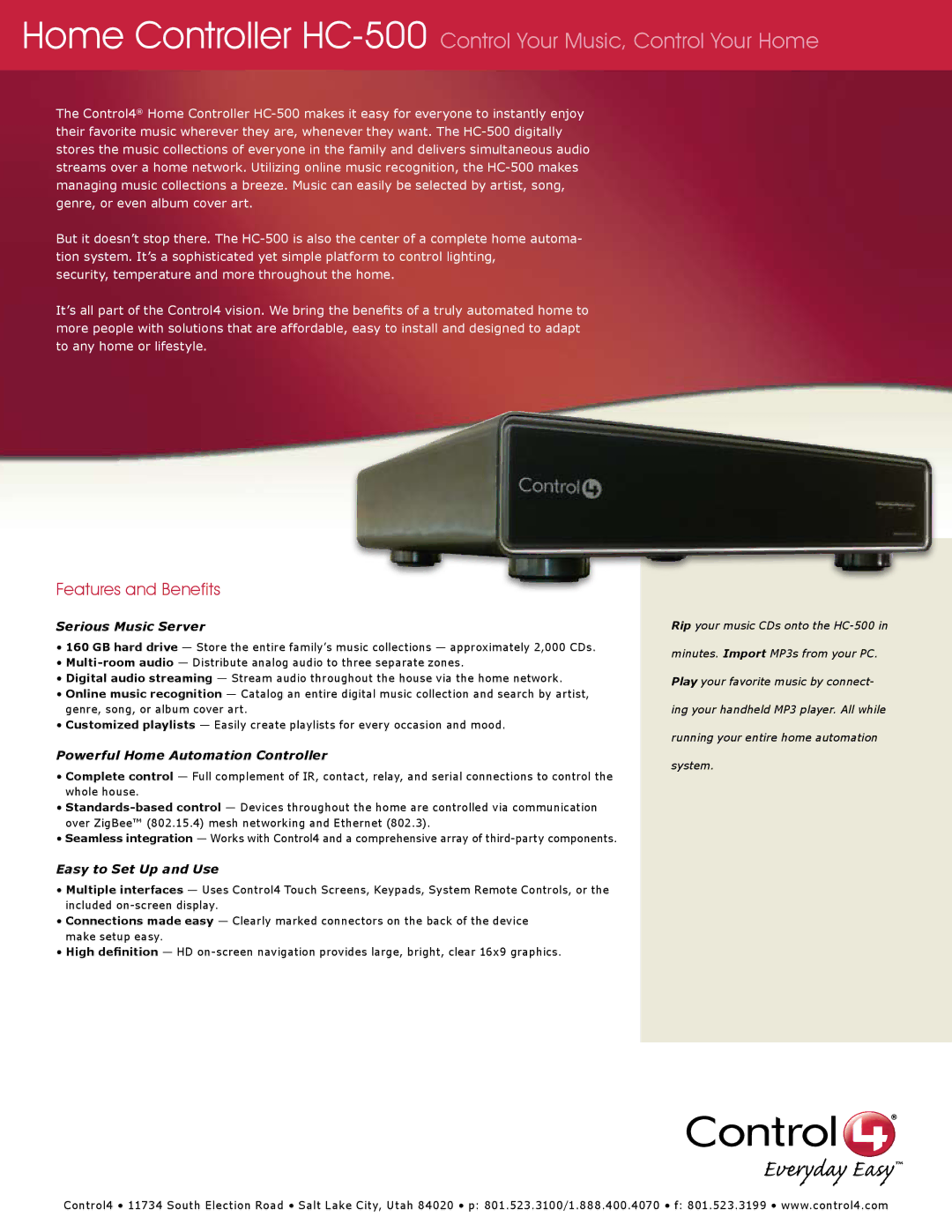 Control4 C4-HC500-E-B manual Serious Music Server, Powerful Home Automation Controller, Easy to Set Up and Use 