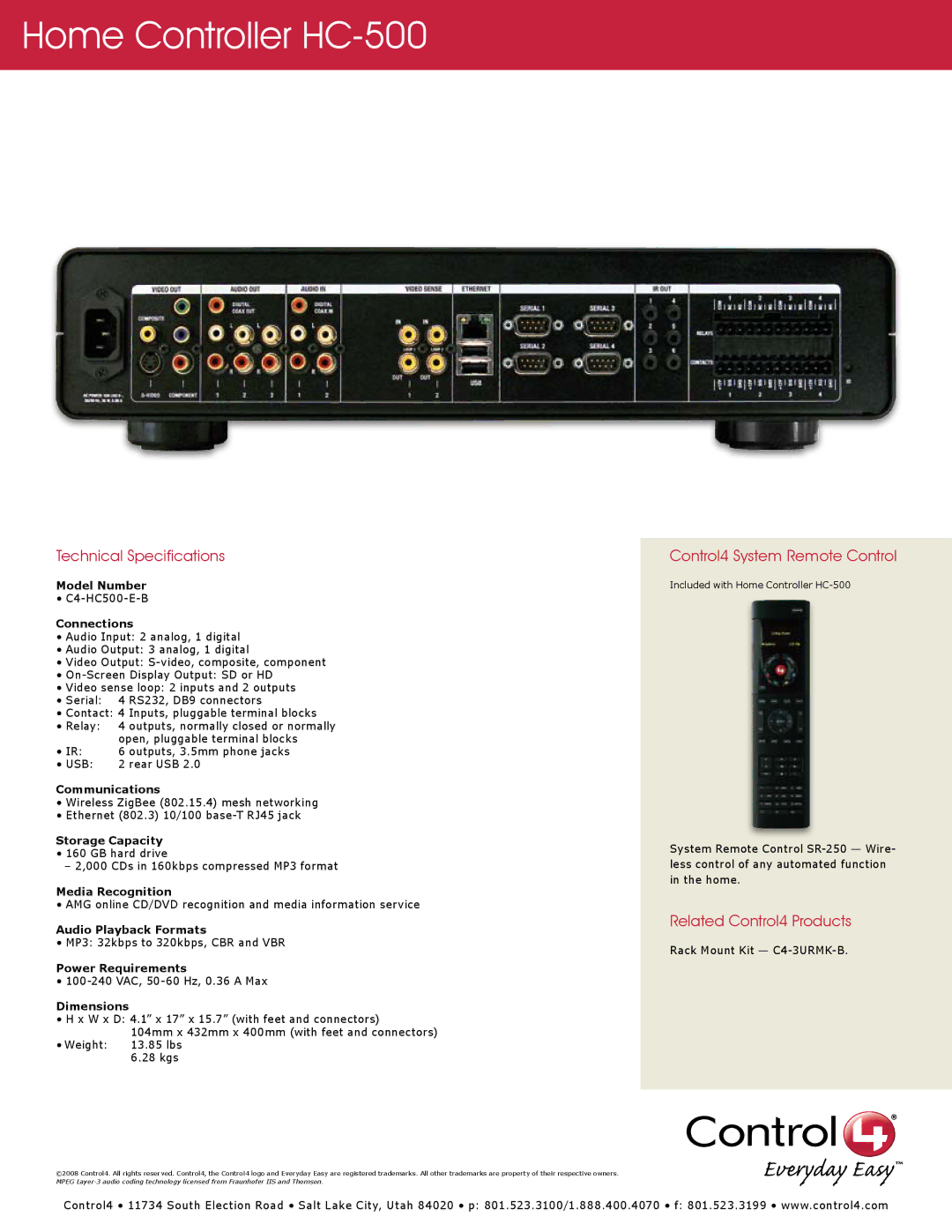 Control4 C4-HC500-E-B manual Technical Specifications, Control4 System Remote Control, Related Control4 Products 