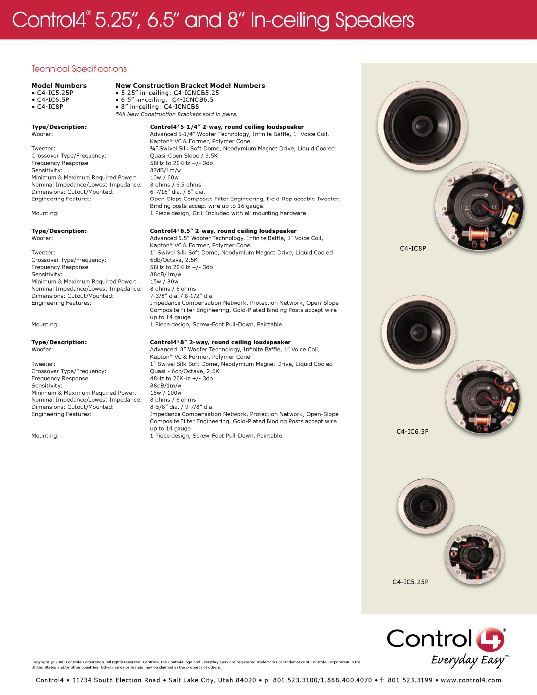 Control4 C4-IC8P Technical Specifications, Model Numbers New Construction Bracket Model Numbers, C4-IC6.5P C4-IC5.25P 