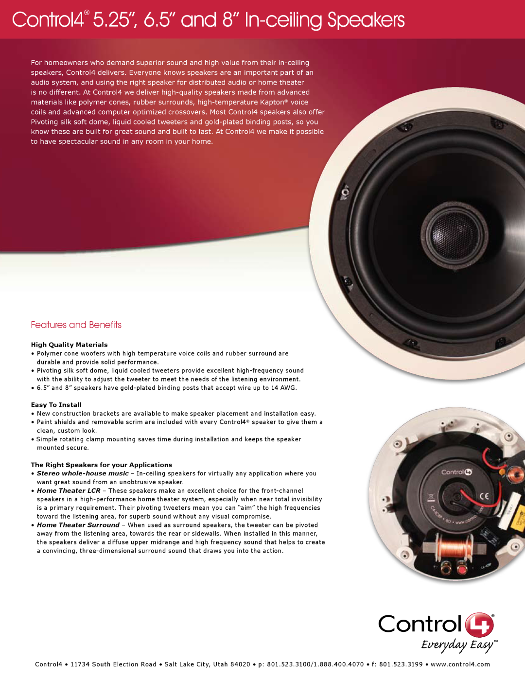 Control4 C4-IC6.5P manual Control4 5.25”, 6.5” and 8” In-ceilingSpeakers, Features and Benefits, High Quality Materials 