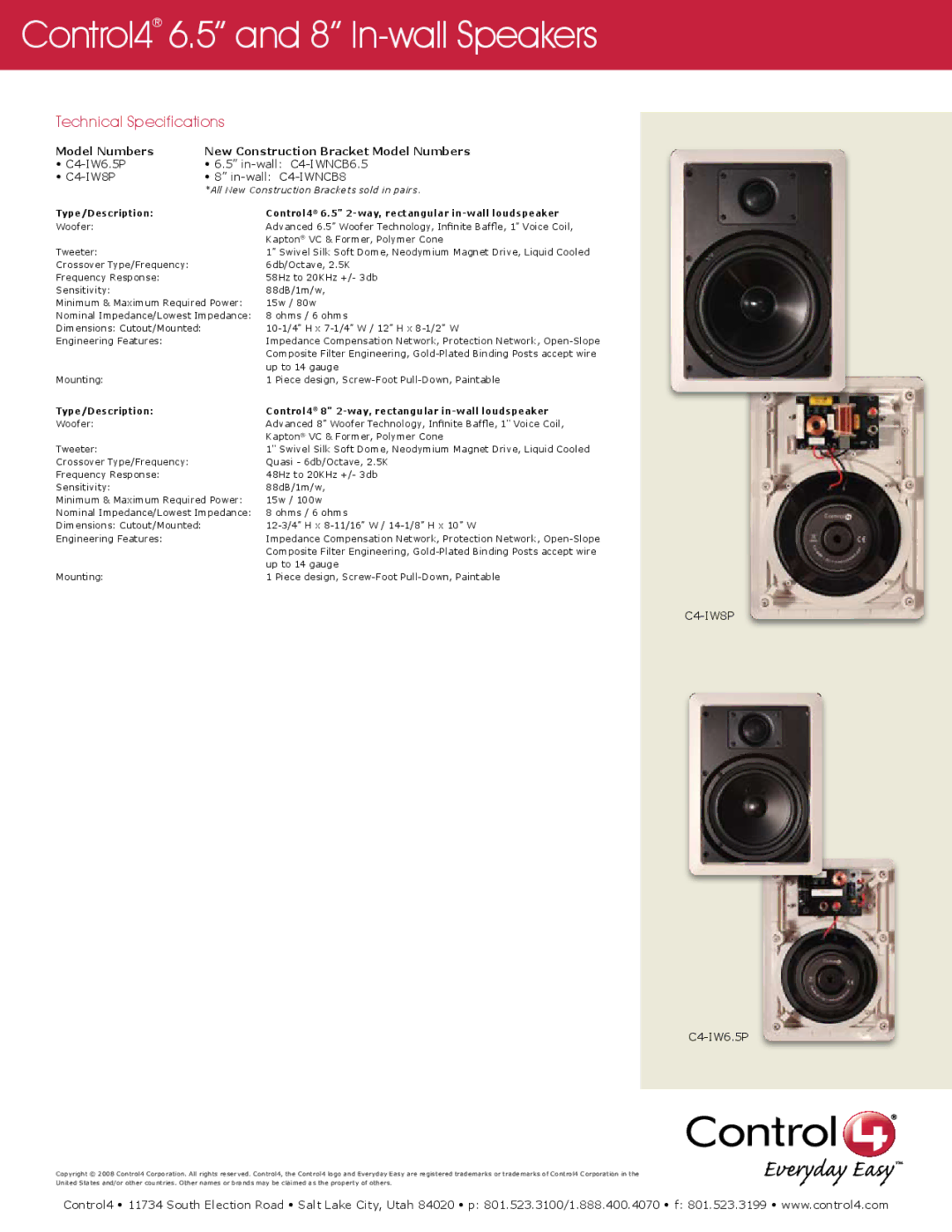 Control4 C4-IW8P, C4-IW6.5P manual Technical Specifications 