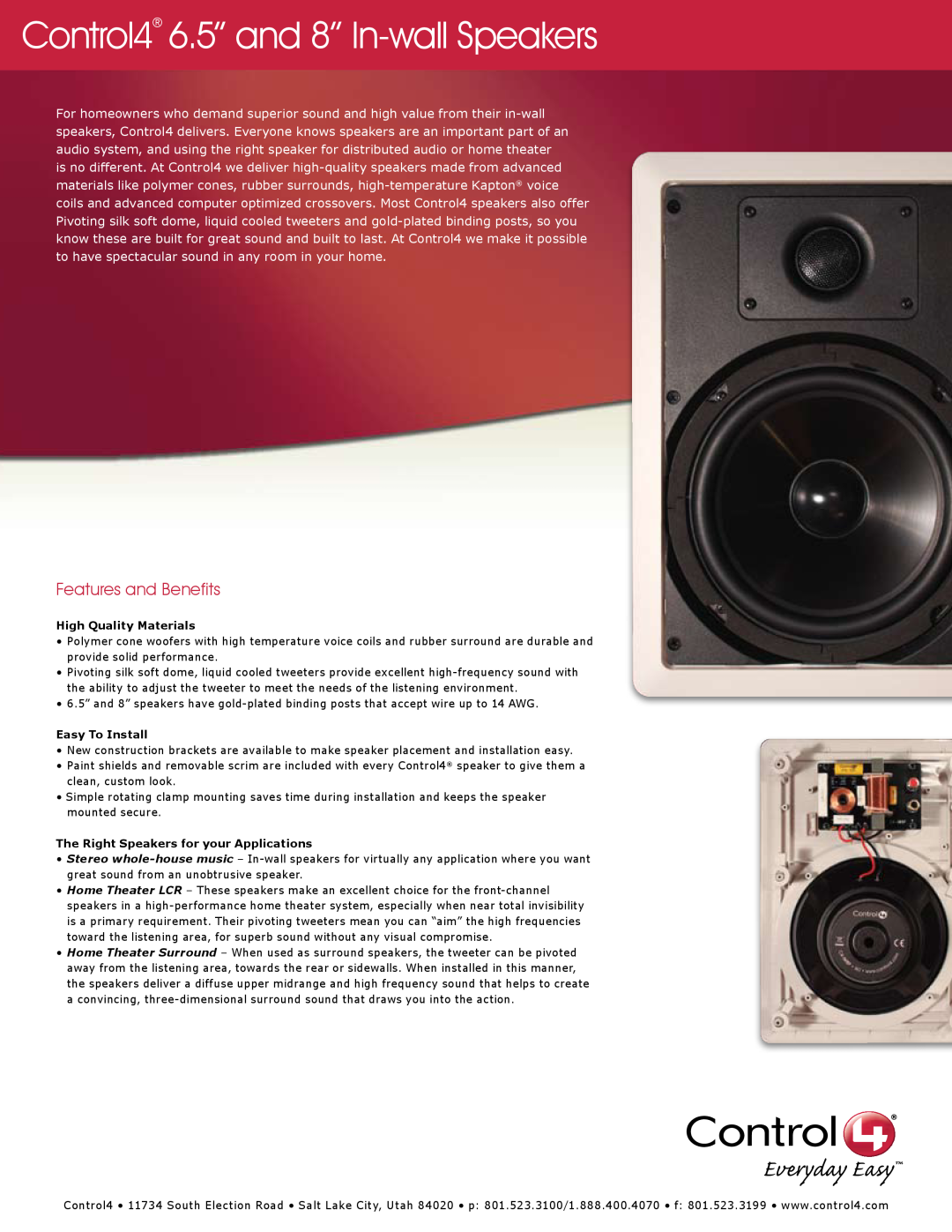Control4 C4-IW6.5P, C4-IW8P manual Control4 6.5” and 8” In-wallSpeakers, Features and Benefits, High Quality Materials 