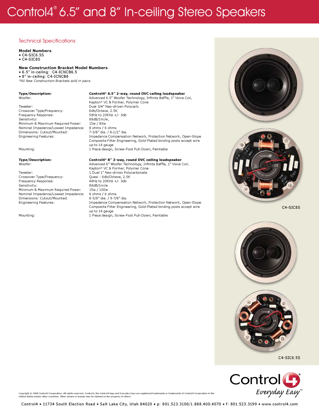 Control4 C4-SIC6.5S C4-SIC8S, New Construction Bracket Model Numbers, In-ceiling C4-ICNCB6.5 In-ceiling C4-ICNCB8 