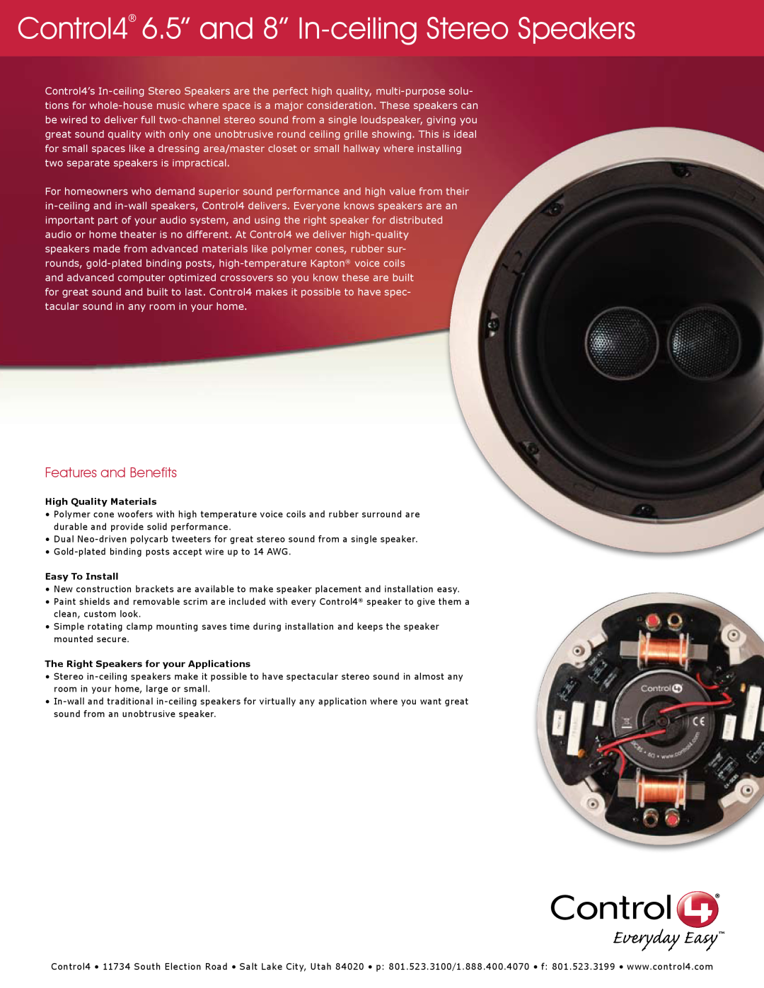 Control4 C4-SIC6.5S, C4-SIC8S manual Control4 6.5” and 8” In-ceilingStereo Speakers, Features and Benefits 