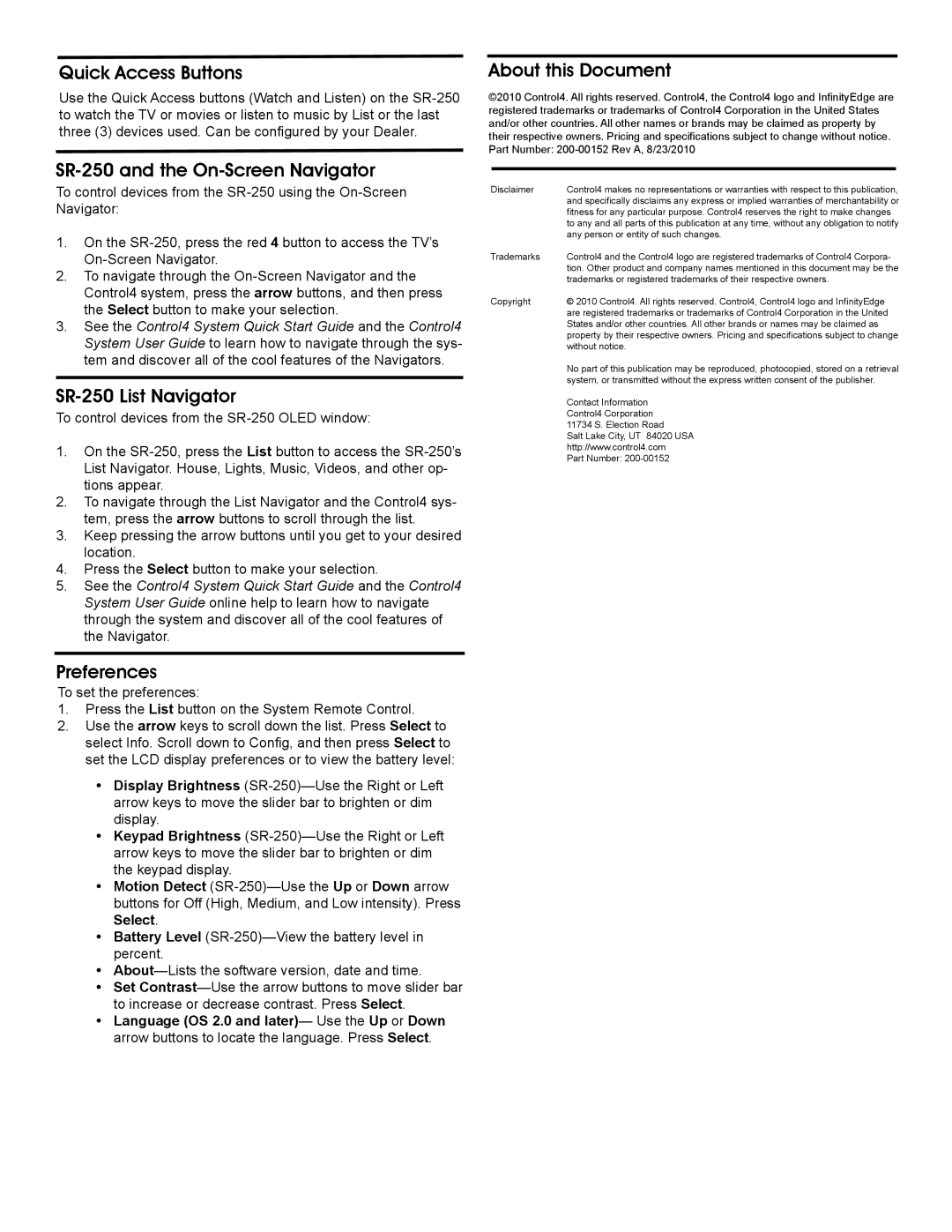 Control4 C4-SR250-Z-B Quick Access Buttons, SR-250 and the On-Screen Navigator, SR-250 List Navigator, Preferences 