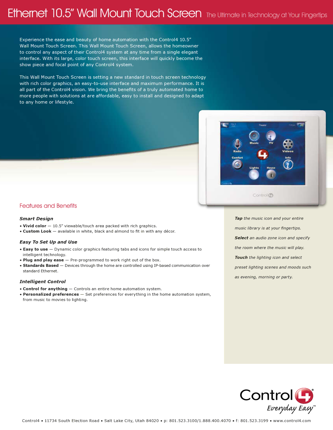 Control4 C4-TSWM10-E-A manual Features and Benefits, Smart Design, Easy To Set Up and Use, Intelligent Control 