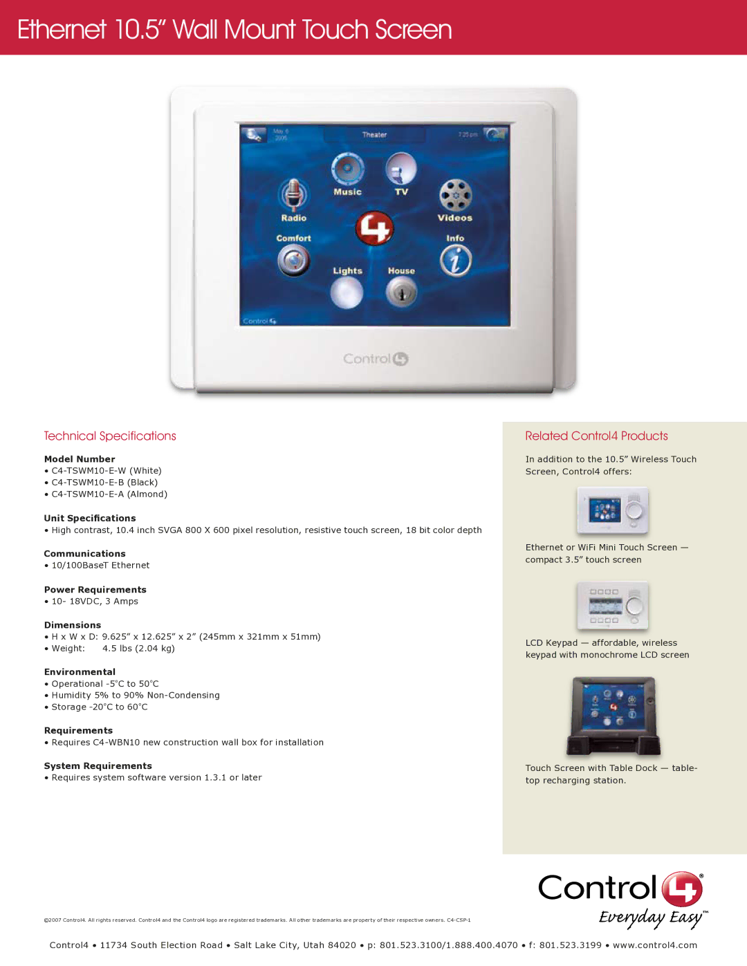 Control4 C4-TSWM10-E-W manual Ethernet 10.5 Wall Mount Touch Screen, Technical Specifications, Related Control4 Products 