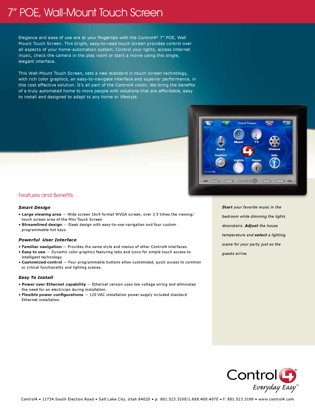 Control4 C4-TSWM7-E-B manual Smart Design, Powerful User Interface, Easy To Install 