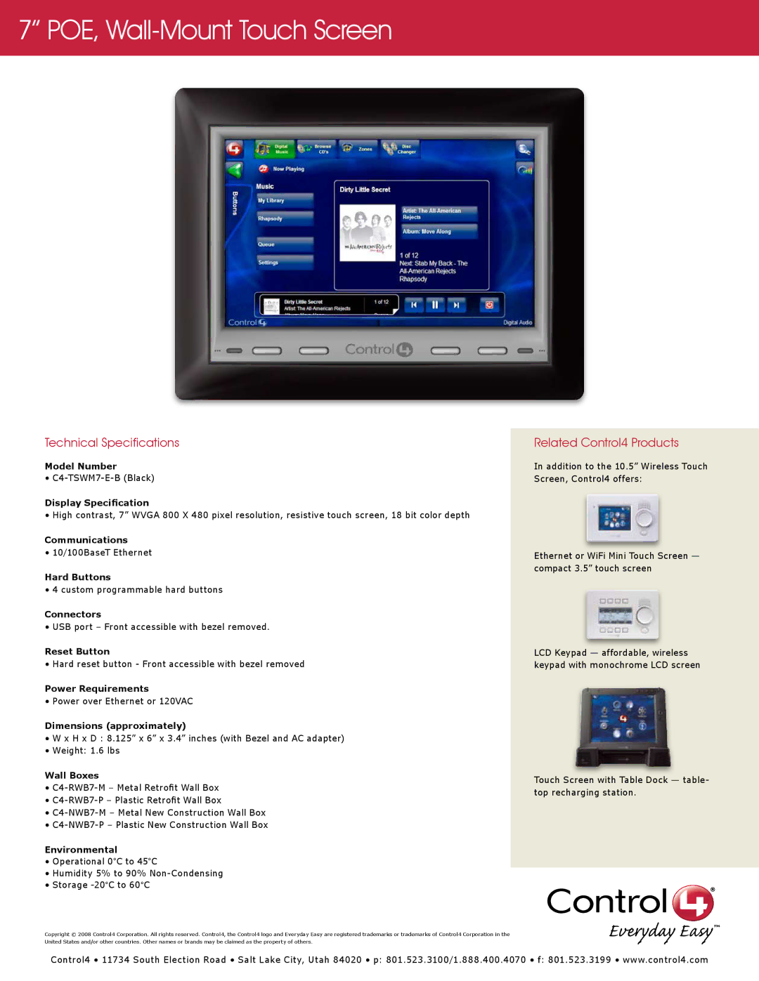 Control4 C4-TSWM7-E-B manual Technical Specifications, Related Control4 Products 