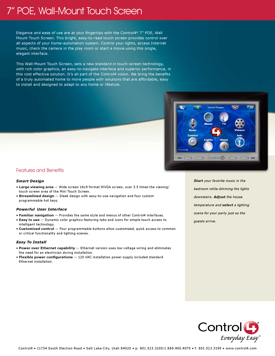 Control4 C4-TSWM7-E-B manual 7” POE, Wall-Mount Touch Screen, Features and Benefits, Smart Design, Powerful User Interface 