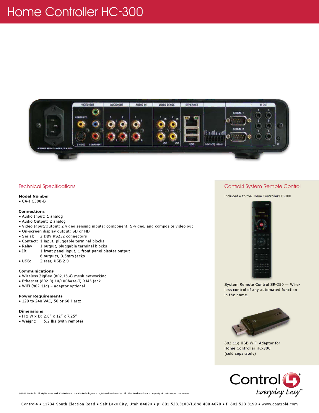 Control4 HC-300 manual Technical Specifications, Control4 System Remote Control 