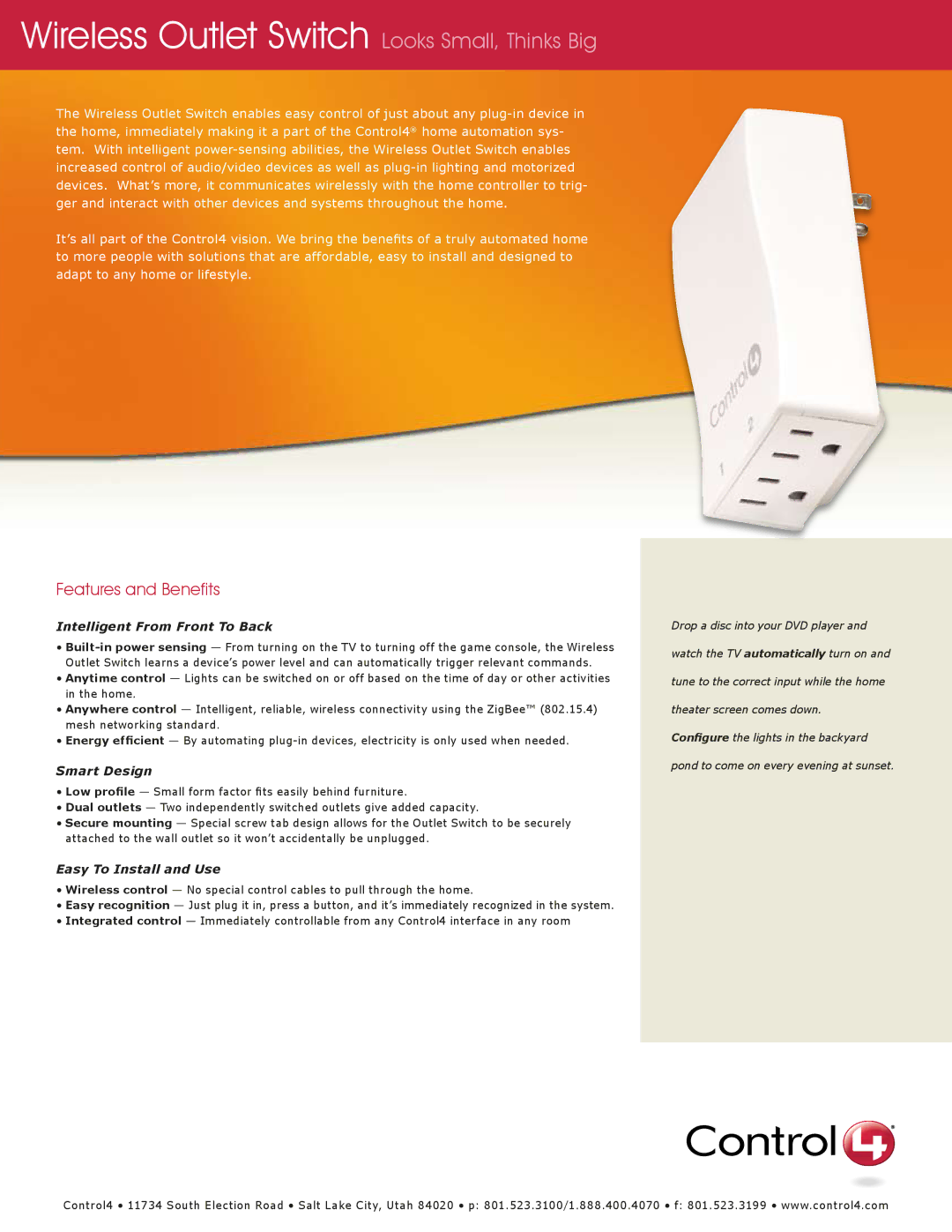 Control4 LOZ-5S1-W manual Wireless Outlet Switch Looks Small, Thinks Big, Intelligent From Front To Back, Smart Design 