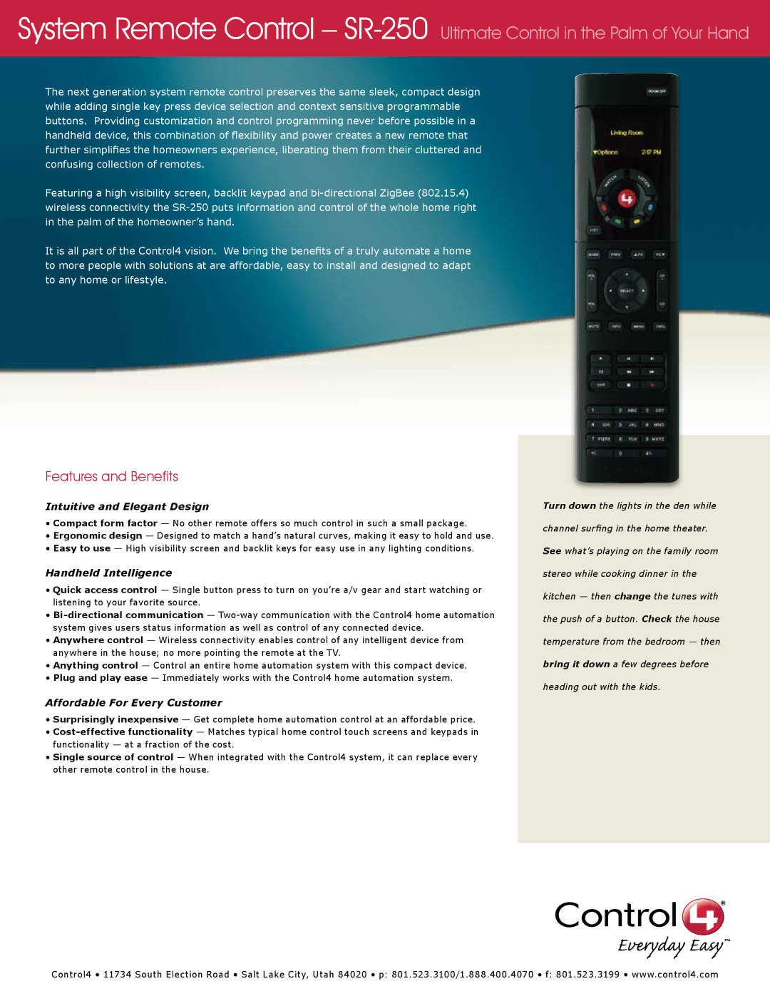 Control4 SR-250 manual Features and Benefits, Intuitive and Elegant Design, Handheld Intelligence 