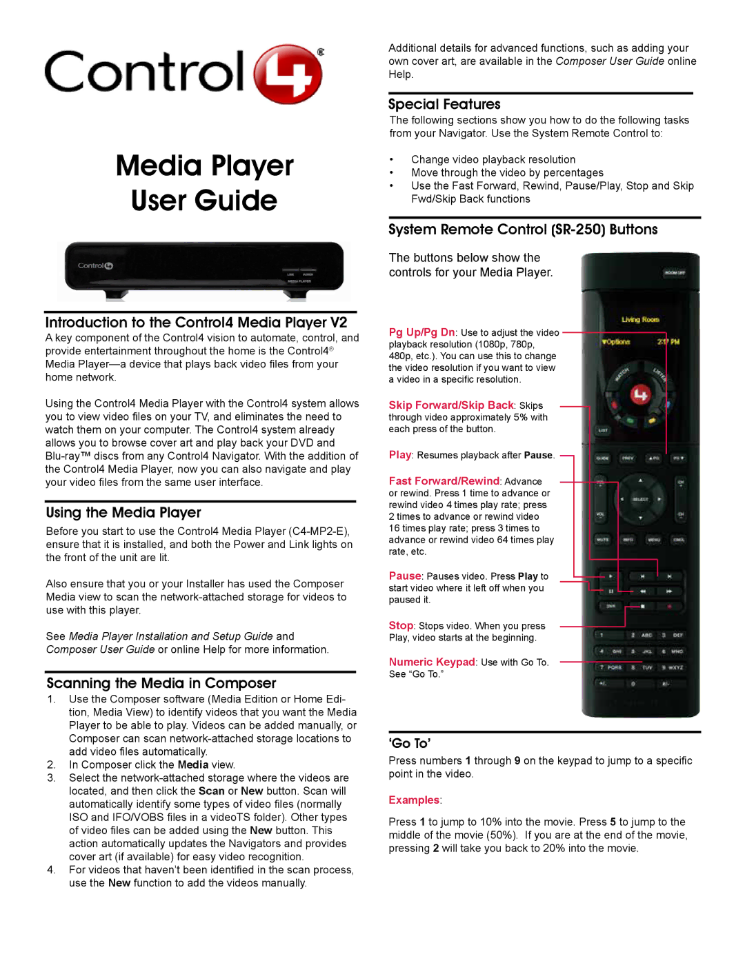 Control4 V2 setup guide Introduction to the Control4 Media Player, Using the Media Player, Scanning the Media in Composer 