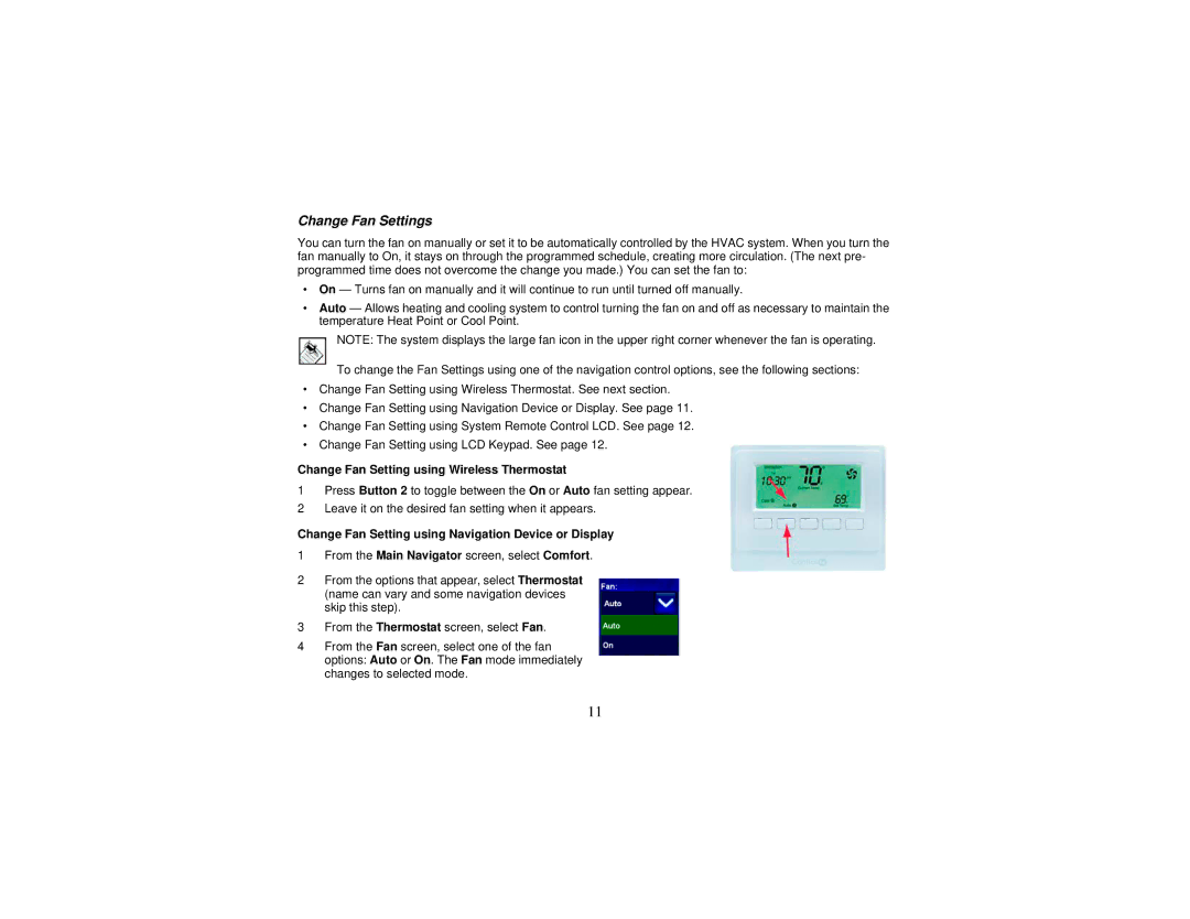 Control4 manual Change Fan Settings, Change Fan Setting using Wireless Thermostat 