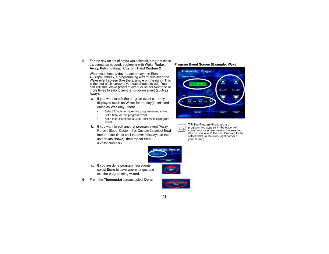 Control4 Wireless Thermostat manual Program Event Screen Example Wake 