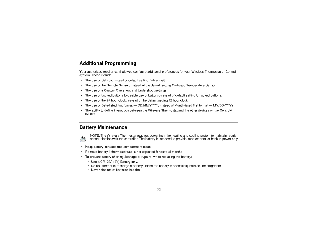 Control4 Wireless Thermostat manual Additional Programming, Battery Maintenance 