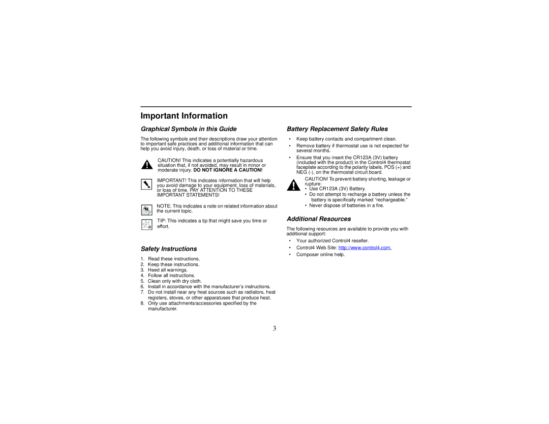 Control4 Wireless Thermostat manual Important Information, Graphical Symbols in this Guide, Safety Instructions 