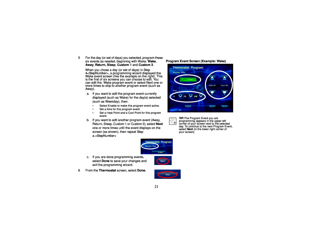 Control4 Wireless Thermostat manual Program Event Screen Example Wake 