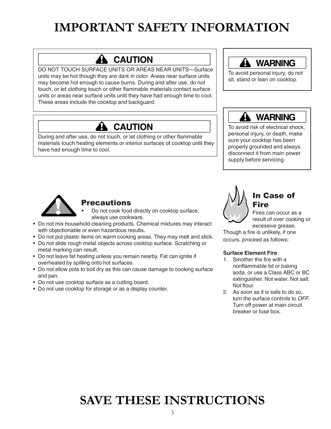 Cook Manufacturing akt3630, akt3650, akt3020 owner manual Precautions, Case Fire, Surface Element Fire 