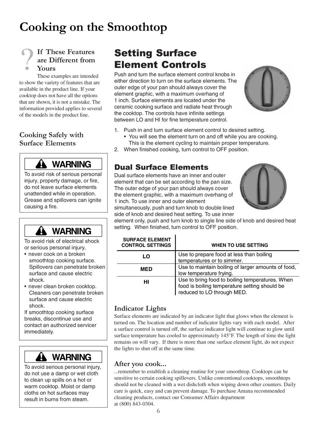 Cook Manufacturing akt3630, akt3650, akt3020 owner manual Cooking on the Smoothtop, Setting Surface Element Controls 