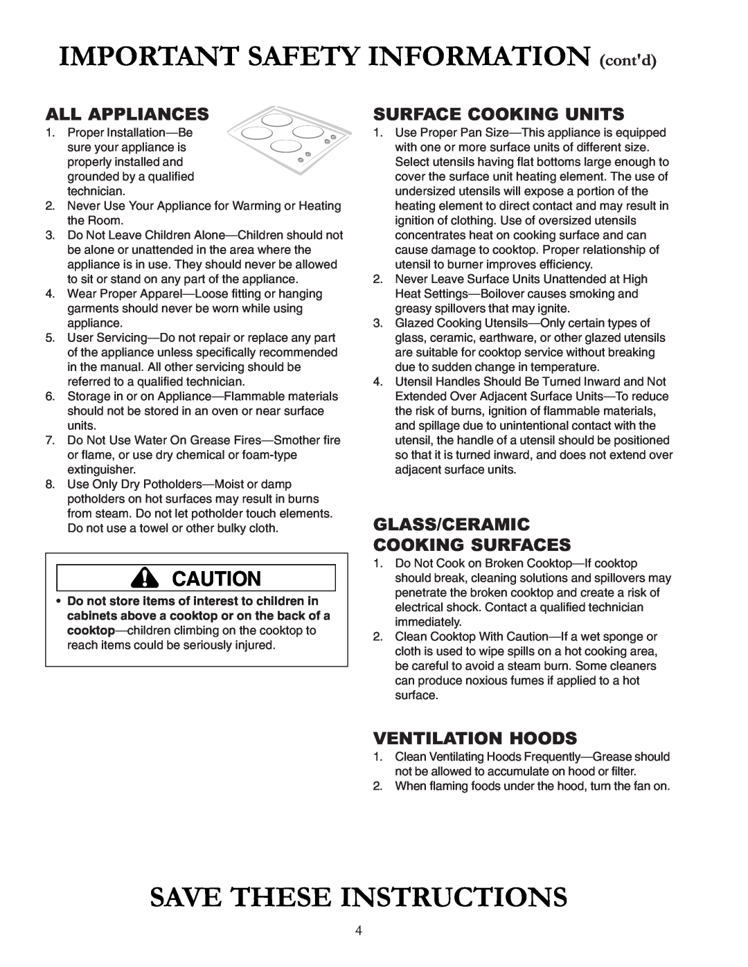 Cook Manufacturing akt3650 IMPORTANT SAFETY INFORMATION contd, All Appliances, Surface Cooking Units, Ventilation Hoods 