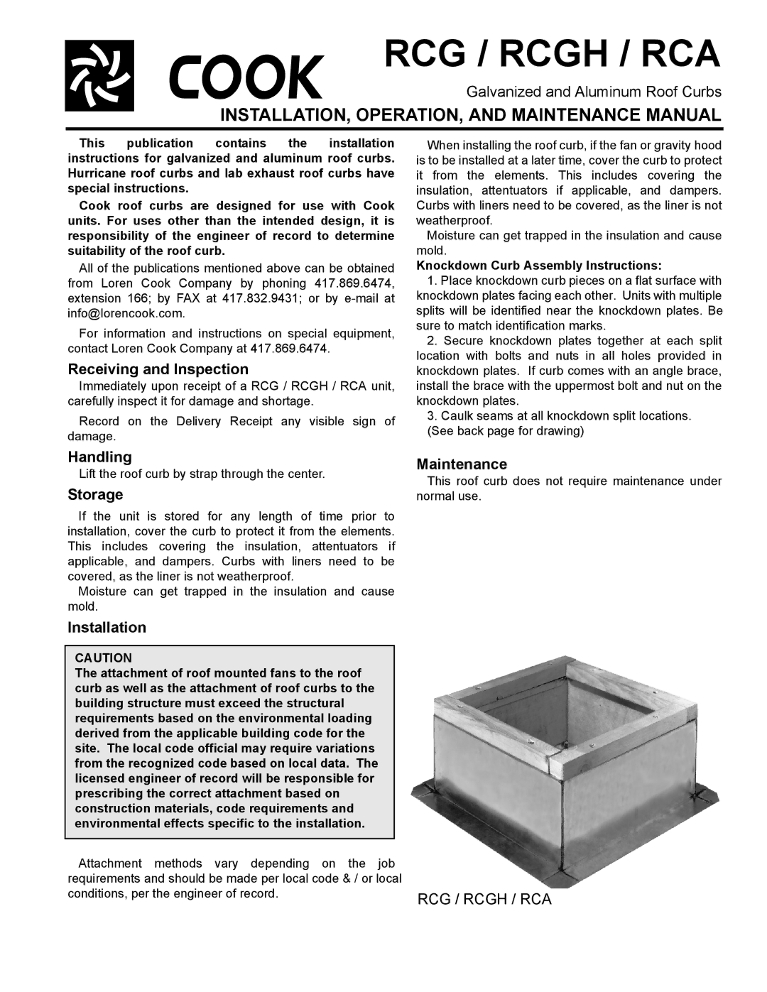 Cook Manufacturing installation instructions RCG / Rcgh / RCA, INSTALLATION, OPERATION, and Maintenance Manual 