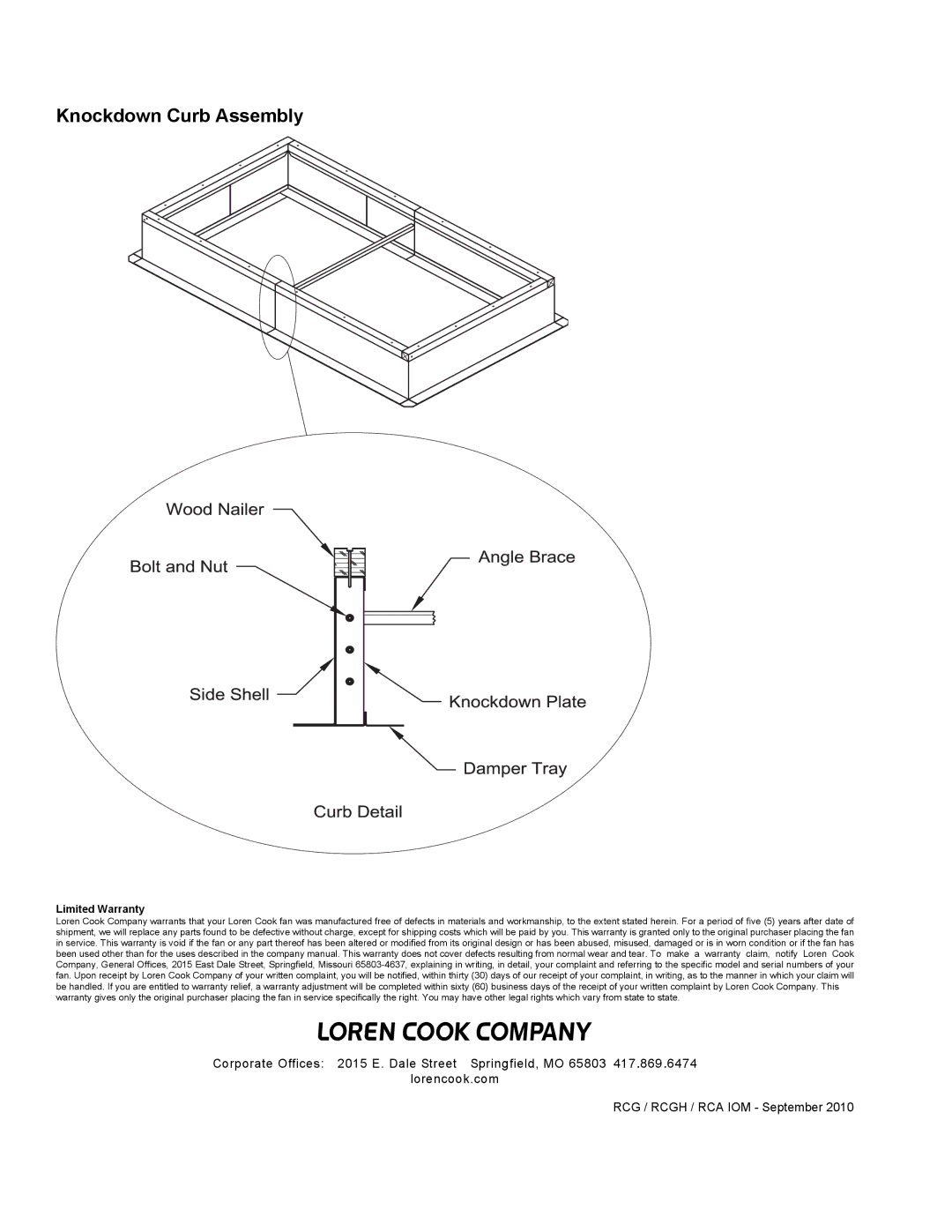 Cook Manufacturing RCG installation instructions Knockdown Curb Assembly, Limited Warranty 