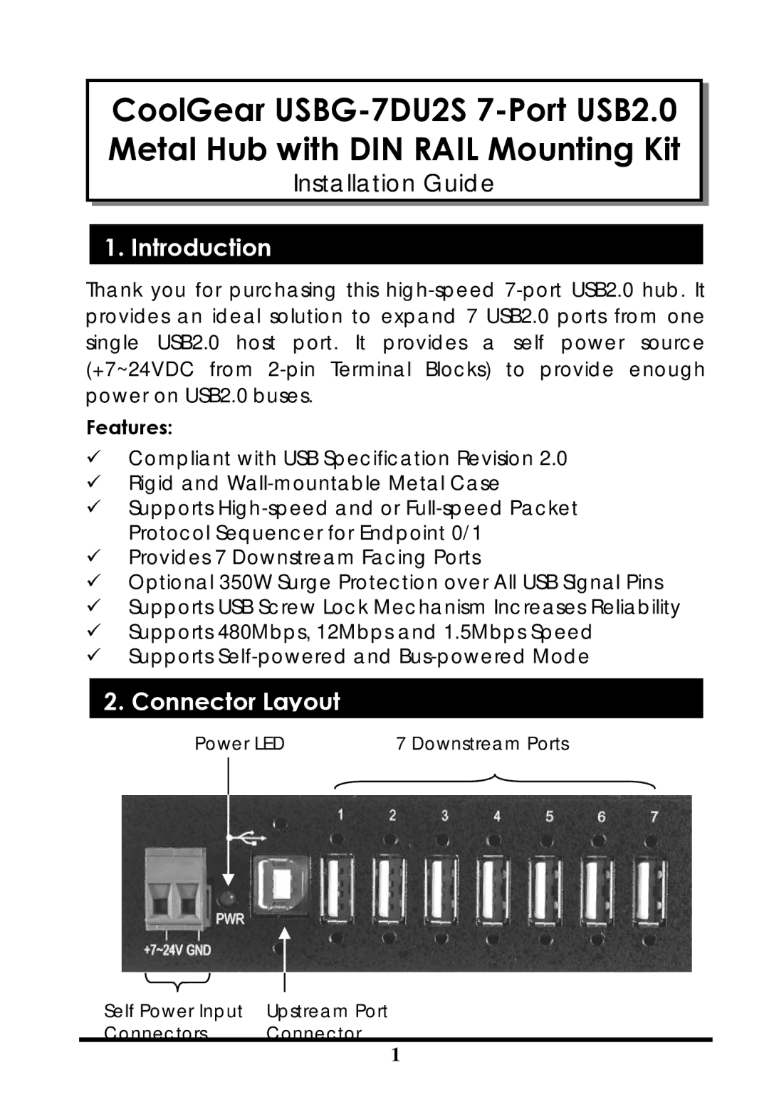 Cool Gear USBG-7DU2S manual Introduction, Connector Layout, Features 