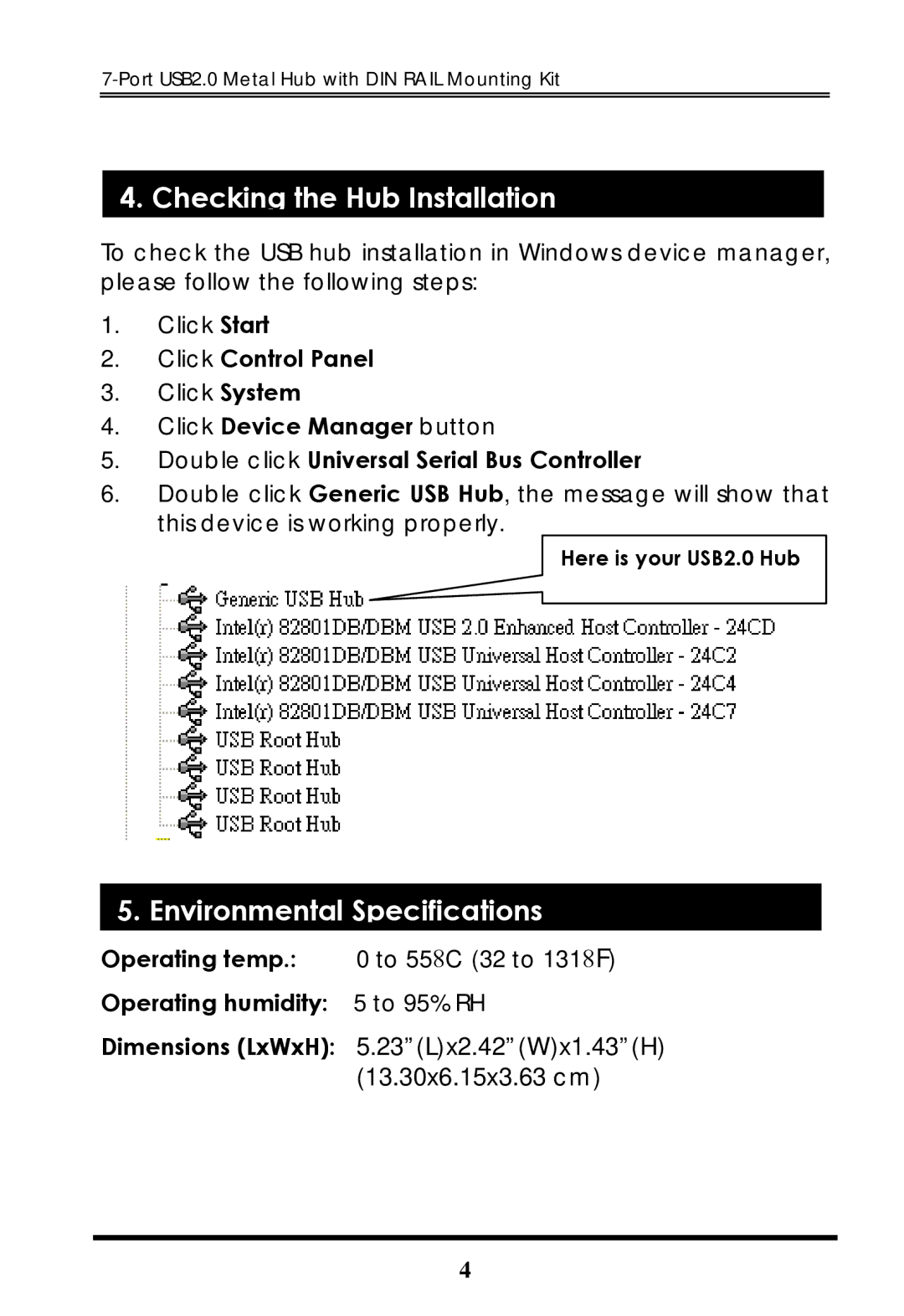 Cool Gear USBG-7DU2S manual Checking the Hub Installation, Environmental Specifications, Click Control Panel 