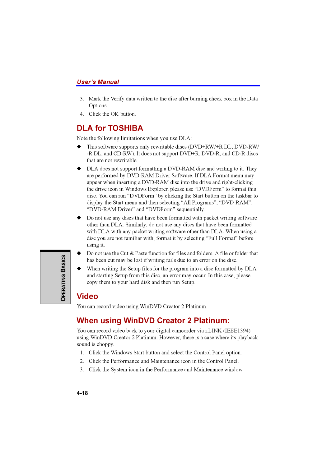 Cool-Lux A100 manual DLA for Toshiba, Video, When using WinDVD Creator 2 Platinum 