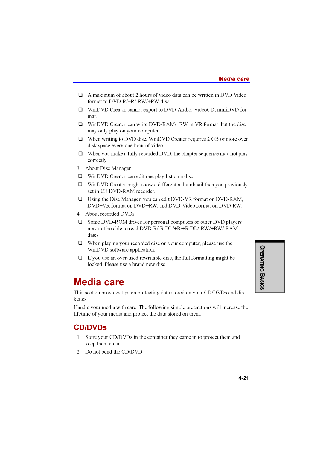 Cool-Lux A100 manual Media care, CD/DVDs 